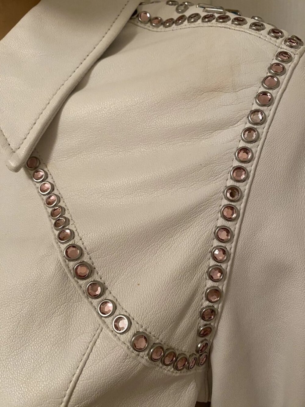 CRIPPLE CREEK Off White Leather Rhinestones Embellished Blingy Jacket S Small - Picture 10 of 16